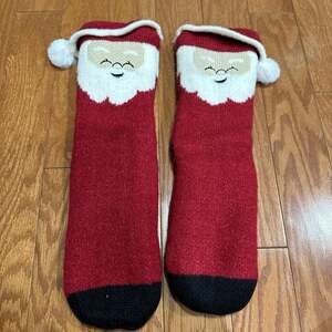 Santa Claus Christmas Holiday Slipper Socks, Sherpa Lined with Grippers